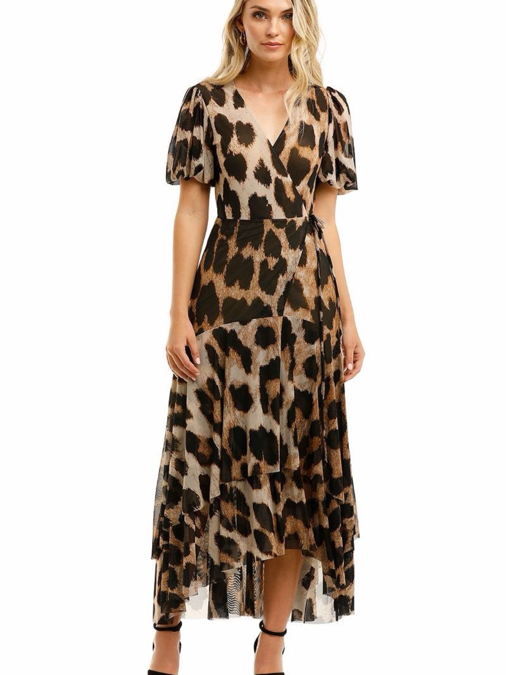 Ganni Leopard Print Mesh Wrap Maxi Dress